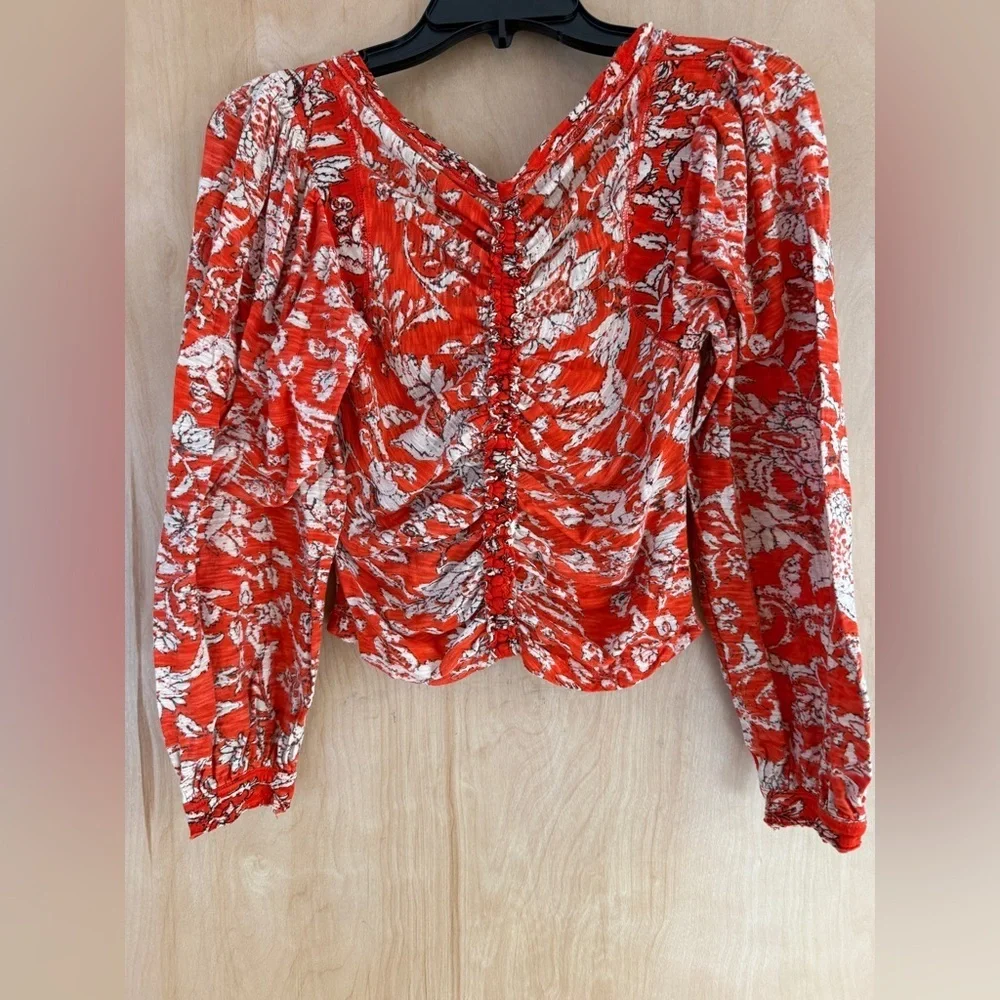 Ruched V-Neck Floral Long-Sleeve Top in Orange